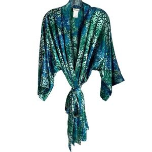 Delicates Green Blue Satiny Floral Print Wraparound Belted Robe Size XL